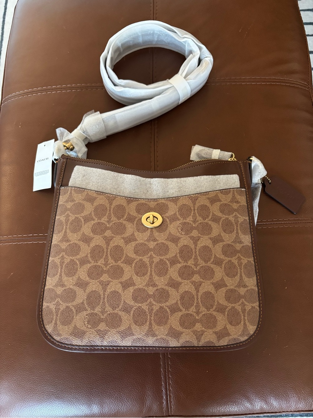 NWT Coach Signature Canvas Brown Turnlock Crossbody Bag